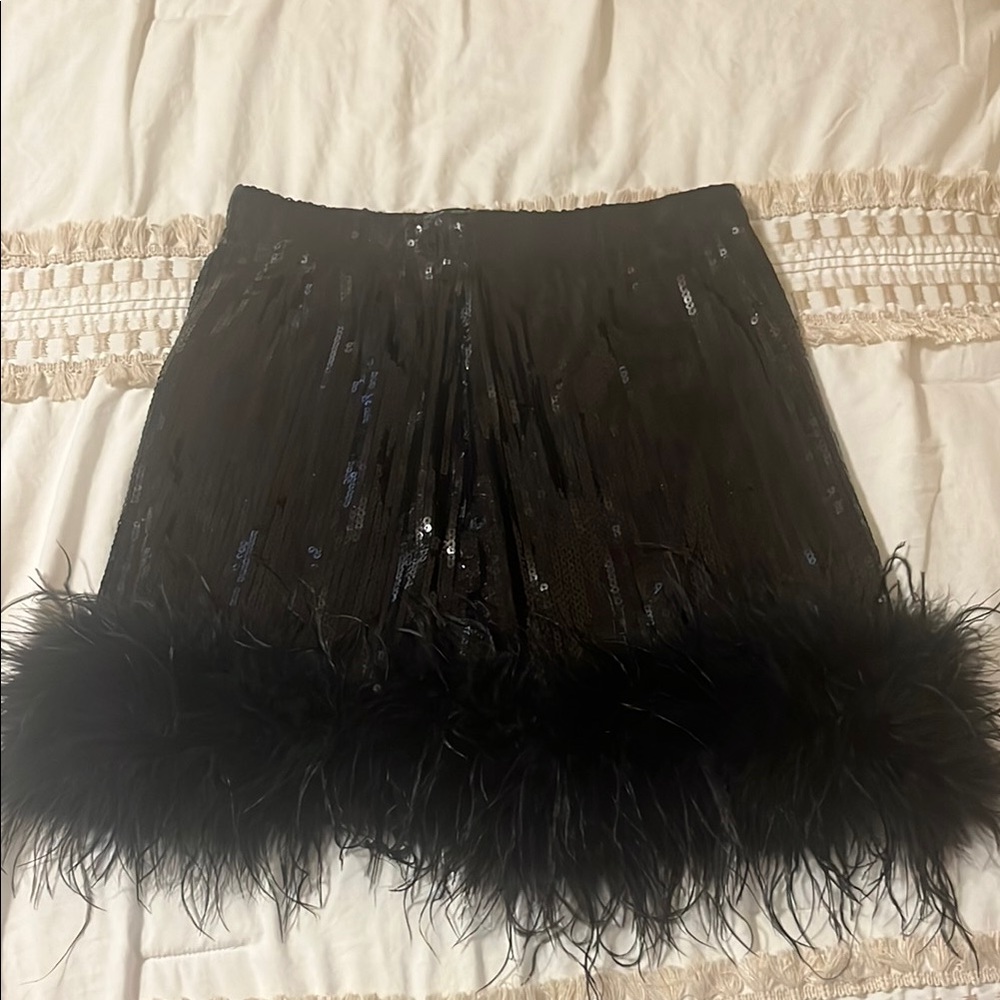 12th Tribe Black Sequin Skirt with Feather Trim